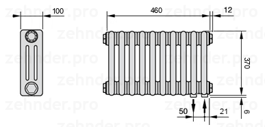 Схема (чертеж) Радиатор Zehnder Charleston 3037/10 №5510 Белый глянцевый RAL 9016